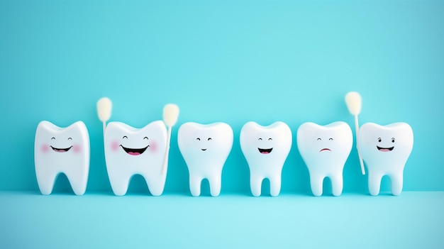 des dents blanches souriantes avec différentes émotions sur un fond bleu