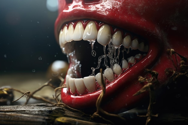 Des dents et une bouche de diable rouge effrayantes concept d'Halloween Douleur dentaire aiguë générée par l'IA