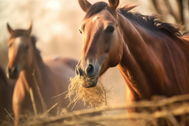 Dents de chevaux broyant du foin avec un arrière-plan flou créé avec une IA générative