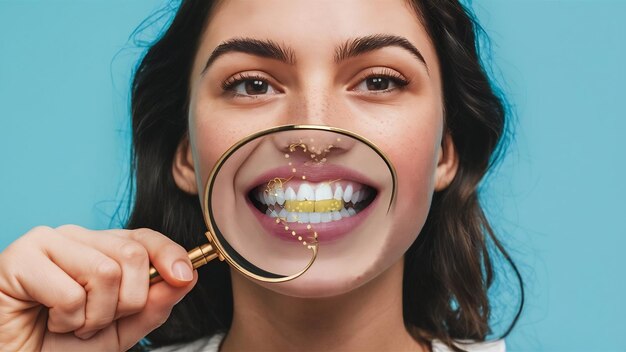 Photo des dents de jeunes femmes avec du tartare agrandies dans une loupe isolées sur un fond blanc