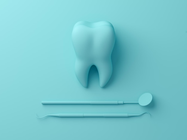 Dents avec outil de plaque dentaire sur fond bleu pastel illustration de rendu 3d