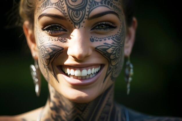 Photo des dents saines et un beau sourire large d'une jeune femme avec des tatouages sur le visage et le corps