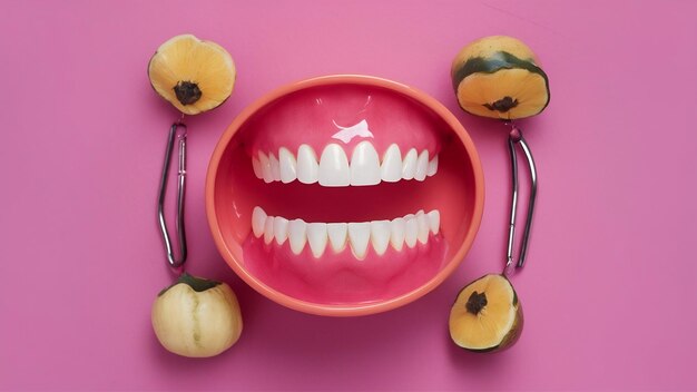 Photo dentures dentaires médicales sourire mâchoires dents sur fond blanc