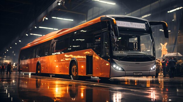 Dépôt de bus la nuit avec d'autres véhicules en gros plan