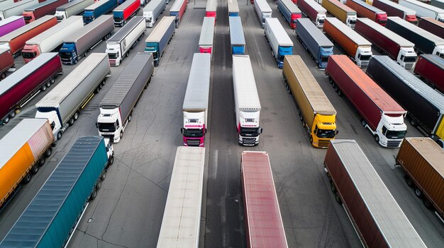 Photo un dépôt de camions avec des rangées de remorques et de camions garés dans la rue