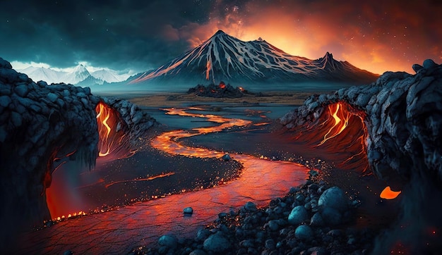 Dépôt de lave devant l'éruption du volcan Coulée de lave sur les pentes La fumée monte dans le ciel AI générative
