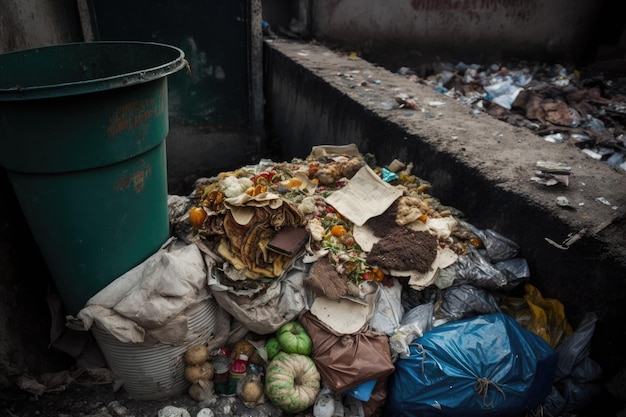 Dépotoir puant avec de la nourriture pourrie et des ordures débordantes