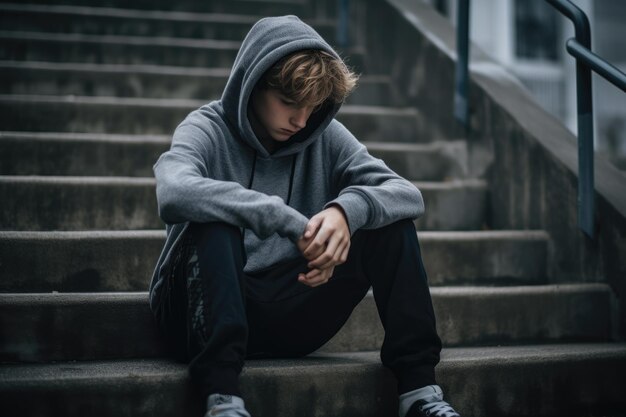 La dépression de l'adolescence Un adolescent triste et solitaire assis sur les escaliers