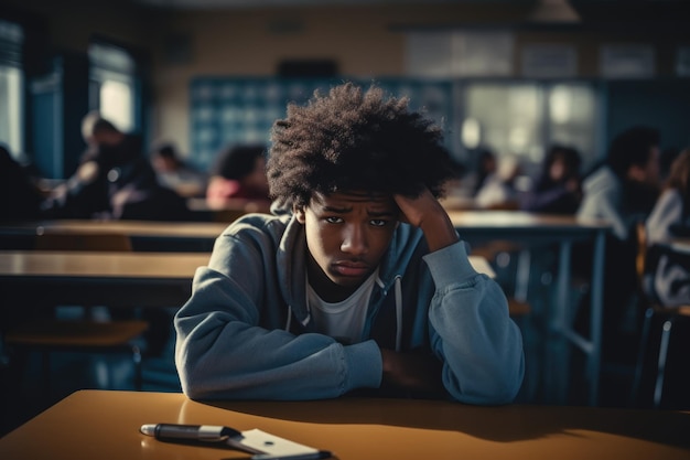 Dépression adolescente étudiant afro-américain non motivé à son bureau IA générative