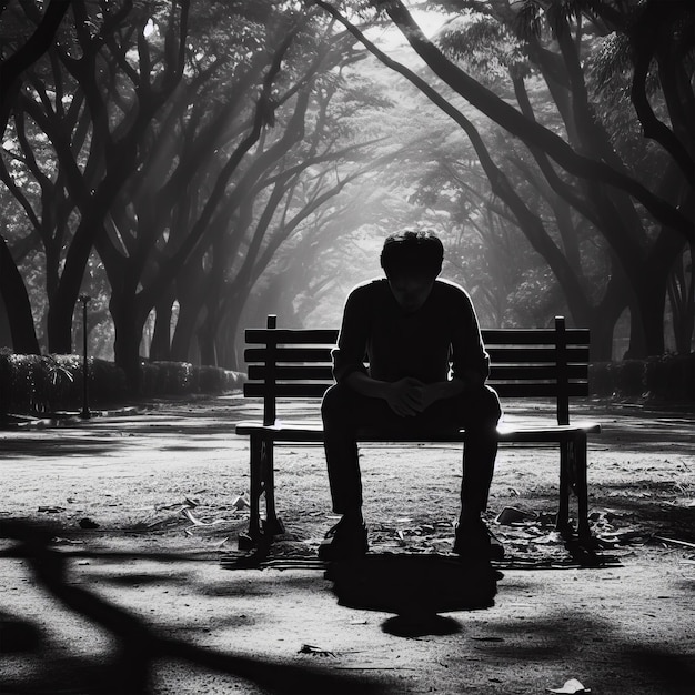 Photo dépression dans le brouillard seul sur le banc du parc