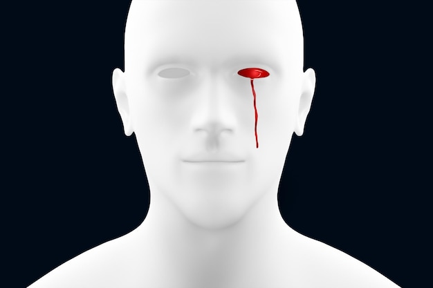 Dépression mélancolie pessimisme solitude Une larme rouge coule de l'œil d'un homme absolument blanc Malheureux homme triste de mauvaise humeur Style de magazine de design moderne Rendu 3D Illustration 3D