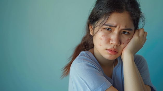 Dermatologie asiatique jeune femme fille allergie réaction allergique due à des piqûres d'insectes atopiques sur son bras main en grattant des démangeaisons, une tache rouge ou une éruption cutanée