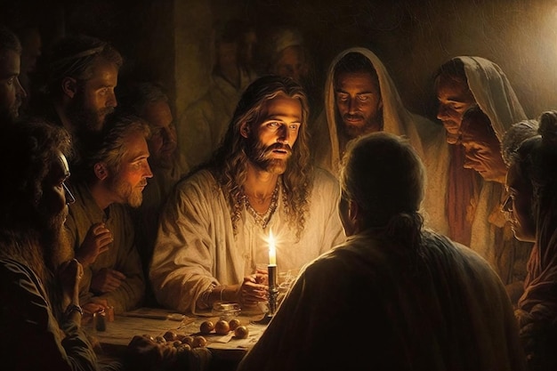 Photo la dernière cène le concept religieux de l'assemblée de jésus-christ avec les 12 apôtres bible foi dessin avec des peintures peinture