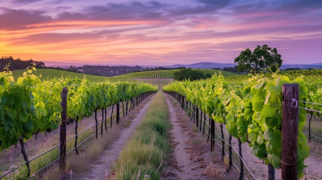 La dernière lumière du jour enveloppe doucement un paysage serein de vignes.