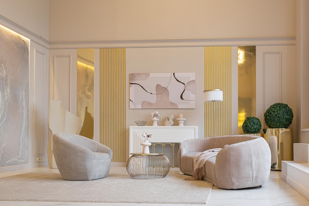 Les dernières tendances de la maison de la mode dans un intérieur élégant ultra moderne d'un studio confortable aux couleurs pastel douces, gros plan d'un salon élégant avec des éléments dorés