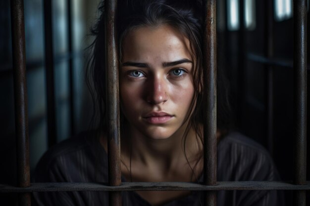 Derrière les barreaux de la prison, une femme déterminée regarde directement la caméra, montrant du courage et une détermination inébranlable.