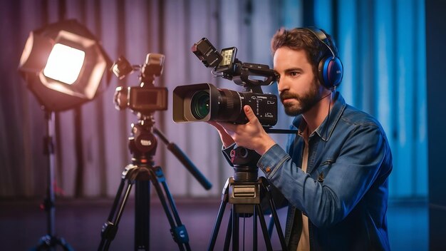 Derrière la caméra vidéo dans la production cinématographique sur trépied et équipement professionnel qui tourne