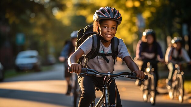 Photo derrière les garçons étudiants portant un casque à vélo sur le chemin de l'école bikeways dans la banlieue le matin ami