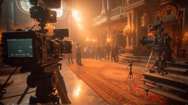 Derrière les scènes d'un plateau de tournage avec une équipe filmant une scène avec des acteurs