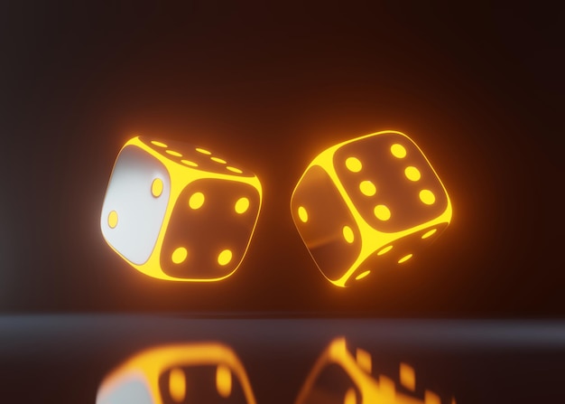 Des dés de casino avec des lumières au néon jaune lumineux futuristes isolées sur un fond noir Render 3D
