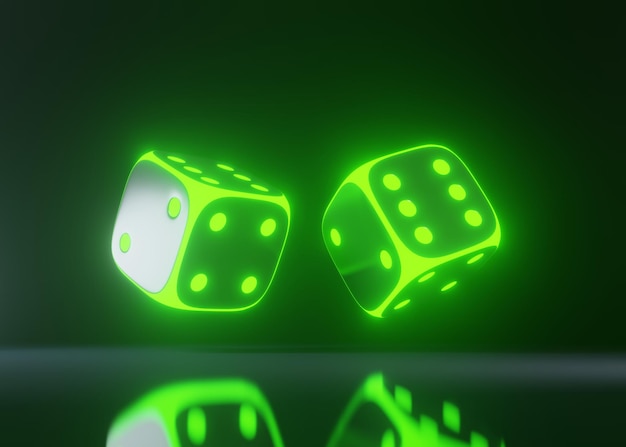 Dés du casino avec des néons lumineux verts futuristes isolés sur fond noir rendu 3D