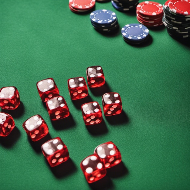 Des dés rouges et des jetons de casino sur une table verte Concept de jeu