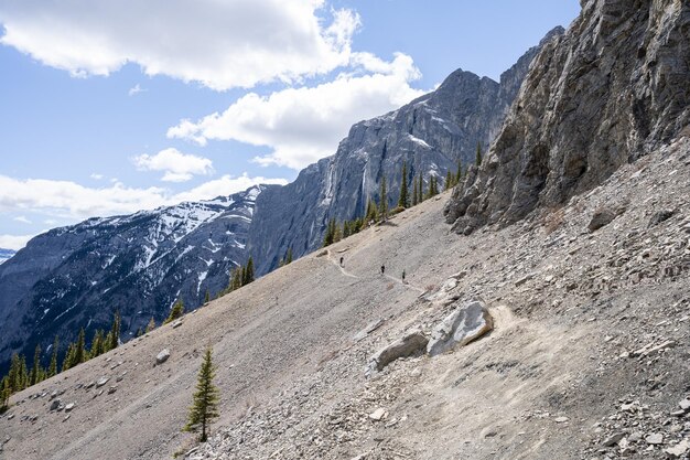 Photo descente sur le scree lors d'une randonnée dans les rocheuses canadiennes prise au mont yamnuska trail alberta canada