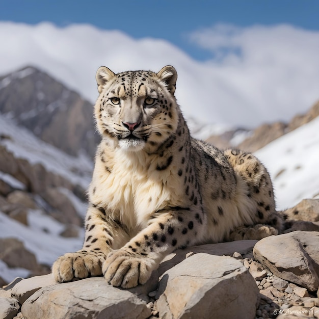 La descente de Snow Leopard grâce au milieu d'un terrain rocheux