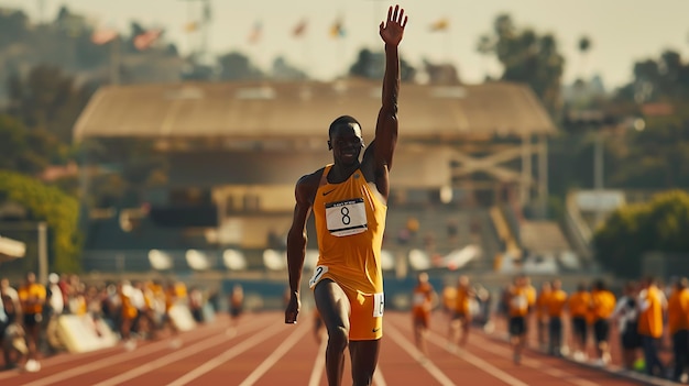 Description de l'image Un athlète d'athlétisme est montré au milieu d'une course. Il porte un singlet jaune et un short noir.