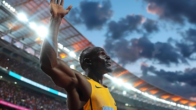 Description de l'image Un athlète masculin musclé à la peau noire se tient sur une piste avec la main levée en signe de victoire