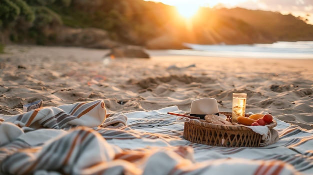 Description de l'image Un beau coucher de soleil sur l'océan Une couverture de pique-nique est étendue sur le sable avec un panier de nourriture et une bouteille de vin