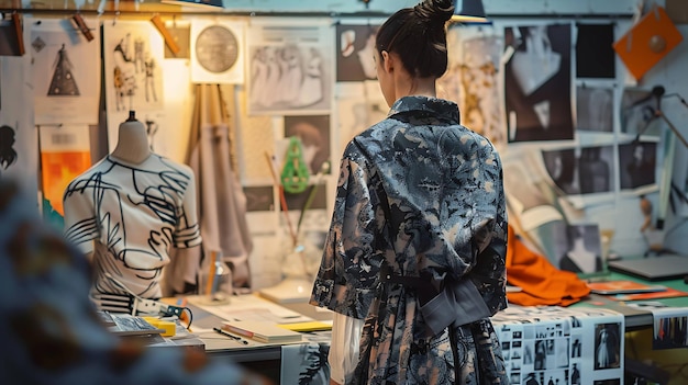 Description de l'image Une créatrice de mode se tient dans son studio à regarder une forme de robe Elle porte une robe de style kimonos avec un motif floral