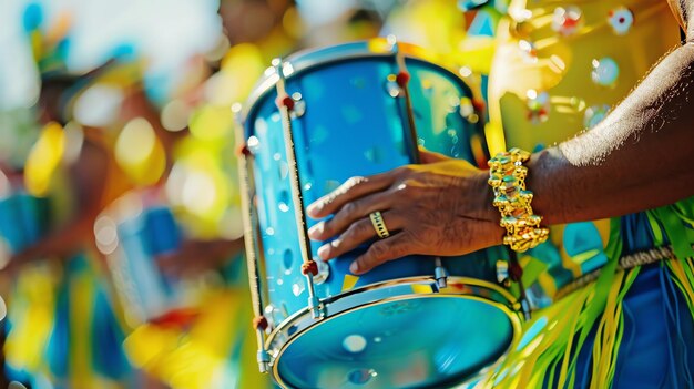 Photo description de l'image un gros plan d'une main jouant d'un tambour bleu et argenté pendant le carnaval