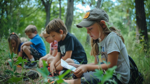 Photo description de l'image un groupe d'enfants est assis sur le sol dans une forêt ils regardent une carte et semblent être perdus