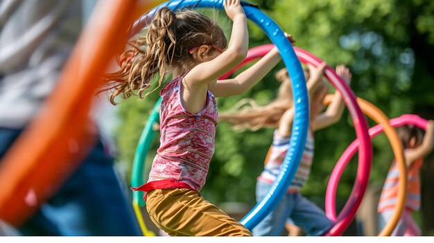 Photo description de l'image un groupe d'enfants jouent avec des hula hoops dans un parc ils s'amusent tous et apprécient le soleil