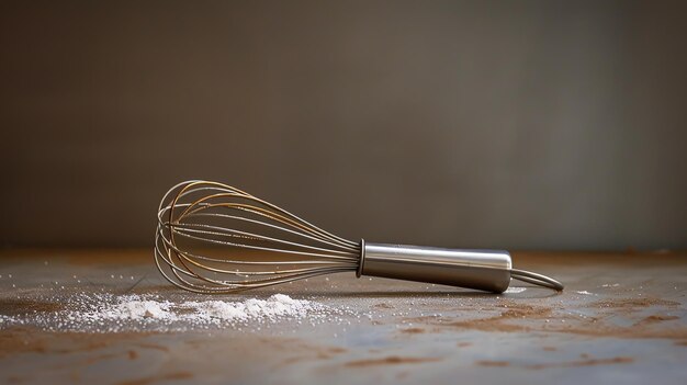 Photo description de l'image cette image montre un fouet en acier inoxydable posé sur une surface brune il y a un tas de poudre blanche à côté de lui