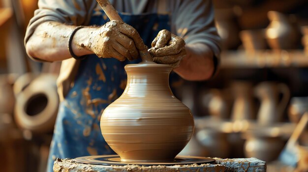 Description de l'image L'image montre un potier au travail. Il façonne soigneusement un vase sur une roue de potier.