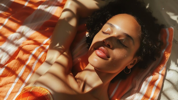 Photo description de l'image une jeune femme aux cheveux bouclés et aux taches de rousseur est allongée sur une serviette de plage avec les yeux fermés