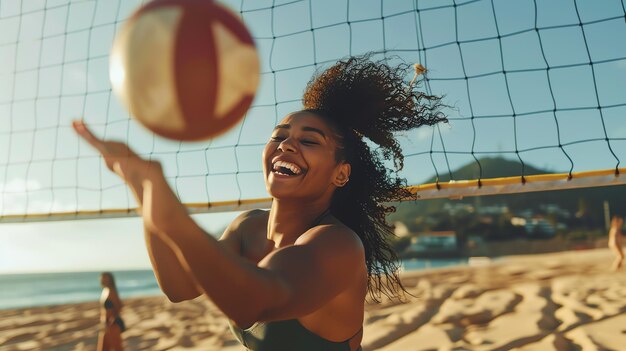 Photo description de l'image une jeune femme jouant au volleyball de plage elle sourit et rit et la balle est en l'air