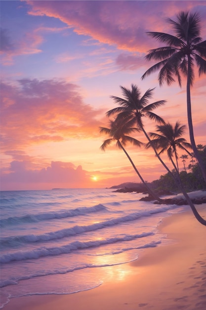 une description en image d'une plage sereine au coucher du soleil avec des vagues