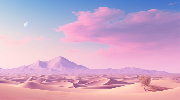 Le désert d'aquarelle fantastique avec un ciel rose paysage rêveur et mystique