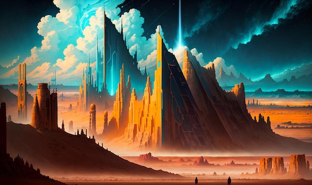 Désert aride Paysage d'inconnu Mars Alien Planet scifi surface de la planète rouge cratères montagnes Ciel nuageux ville extraterrestre de haute technologie Monde fantastique AI générative