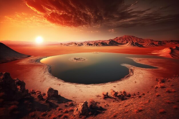 Désert avec coucher de soleil sombre et lac de cratères rouges brûlants dans le désert