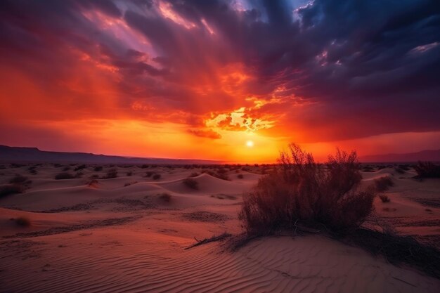 Désert avec un coucher de soleil spectaculaire, le ciel s'embrase de superbes couleurs créées avec une IA générative