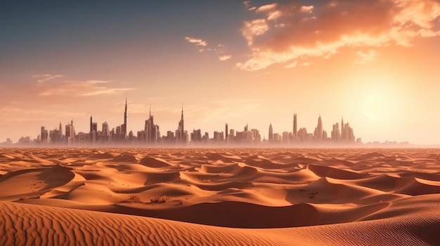 Désert dans le fond de la ville de dubai emirats arabes unis beau ciel le matin lever du soleil Generative Ai