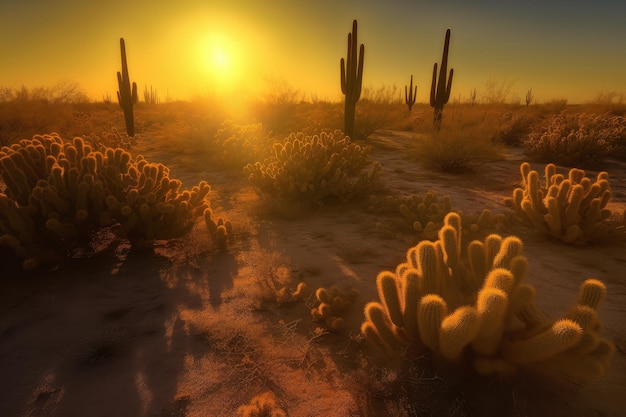 Désert doré parsemé de cactus imposants sous le soleil ardent génératif IA