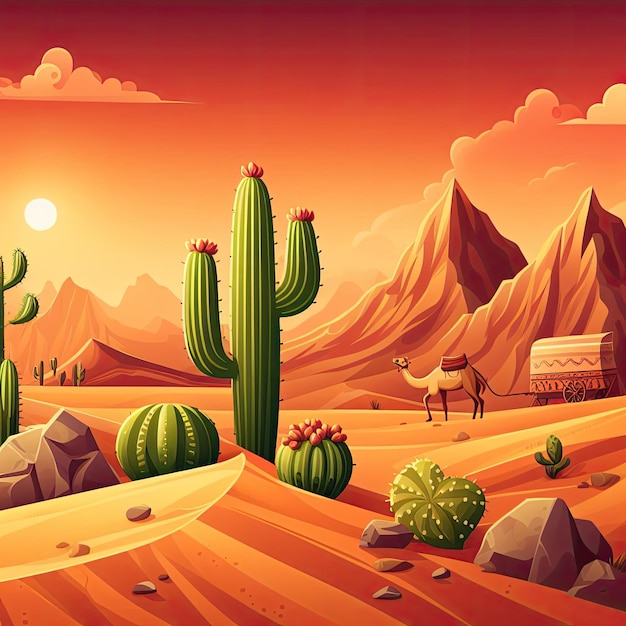 Photo un désert avec des dunes de sable, des cactus, des caravanes et des chameaux.