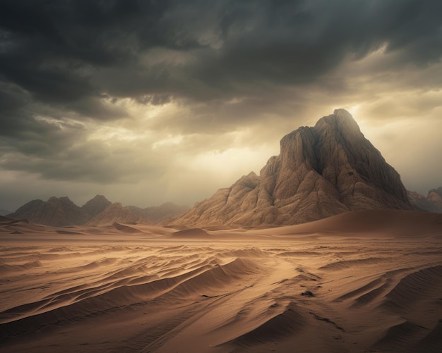un désert avec une montagne en arrière-plan