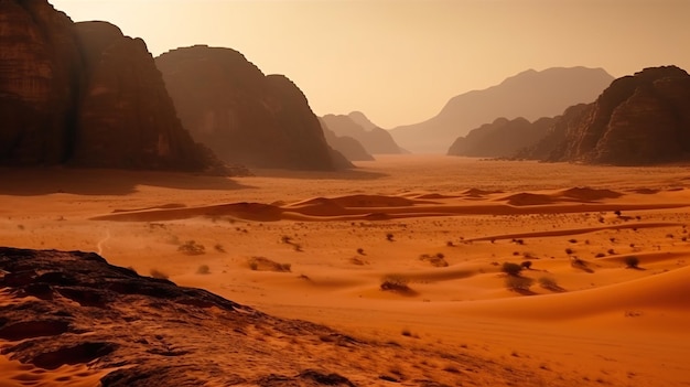 Un désert rouge avec des montagnes en arrière-plan