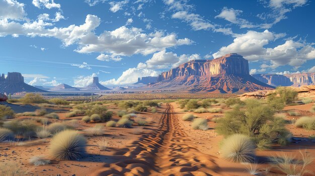 Photo le désert sablonneux avec des buissons desséchés, des épines et des rochers, de hauts cactus contre le ciel brillant.